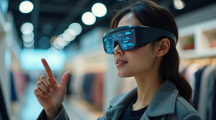 Woman Using Futuristic Augmented Reality Glasses in a Store