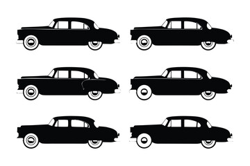 Fototapeta premium Classic Car Silhouettes: A collection of six classic car silhouettes, offering a timeless and elegant design element for various projects. The cars are depicted in a simple black and white aesthetic.