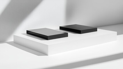 Two monochrome rectangular platforms on a white base.