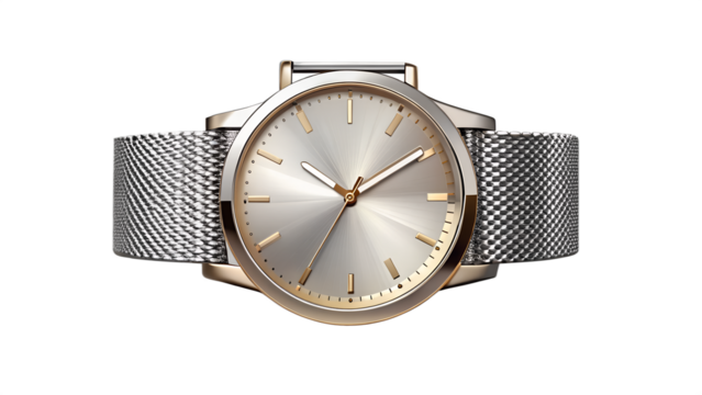 A modern, minimalist wristwatch with a goldtoned case, silver mesh band, and clean dial, isolated on a transparent background