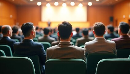 People listen to presentation about financial service options. Hall full of engaged people. Red chairs fill the business conference hall as the audience gathers for a presentation or seminar