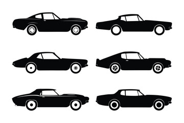 Vintage Classic Cars Silhouette Collection: A compilation of classic, vintage vehicles in sleek, black silhouette, ideal for automotive enthusiasts.