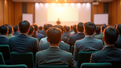 People listen to presentation about financial service options. Hall full of engaged people. Red chairs fill the business conference hall as the audience gathers for a presentation or seminar