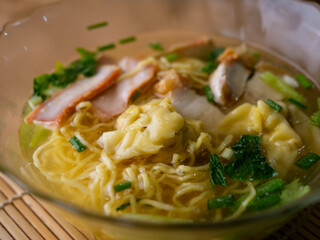 egg noodles with wonton roasted pork and crispy pork.
