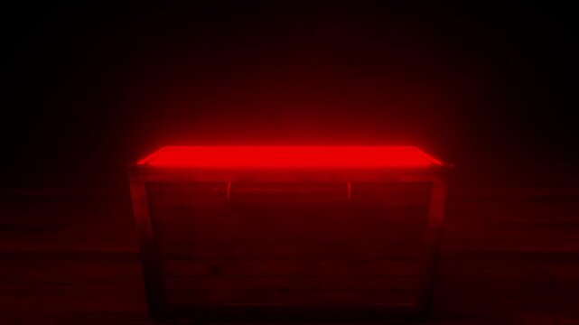 Treasure chest opens in darkness with vivid red light radiating upward and glowing faint reflections, for product demo