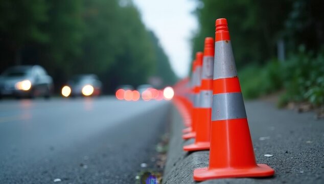 Roadside traffic cones signal DUI checkpoint. Law enforcement control traffic flow on roadway on an asphalt road serve as a warning sign for construction and to ensur