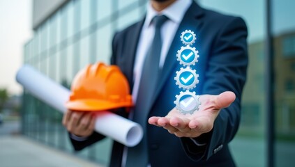 Professional business people, including engineers and architects, are shown in various scenarios such as shaking hands, talking on the phone, and discussing plans, all while wearing appropriate