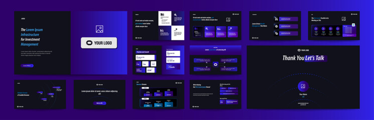 Pitch Deck or Presentation templates. corporate booklet use flyer or leaflet, marketing banner, advertising brochure, annual business report, website slider. Blue Black color company profile vector