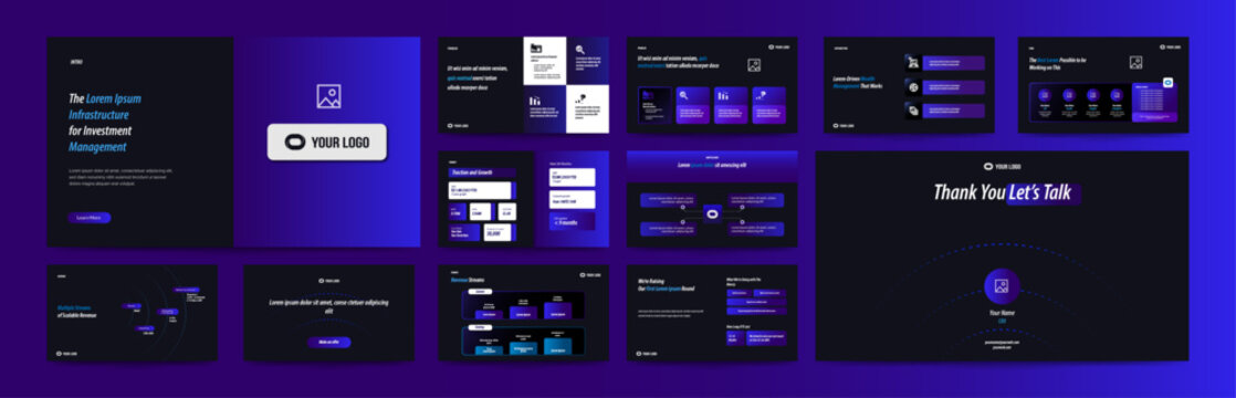 Pitch Deck or Presentation templates. corporate booklet use flyer or leaflet, marketing banner, advertising brochure, annual business report, website slider. Blue Black color company profile vector