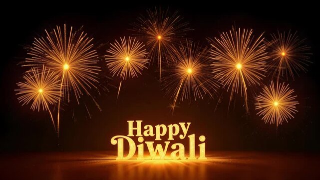 Witness a happy Diwali celebration with golden fireworks, glowing light, and festive illuminations illuminating the night sky in stunning 4k resolution.