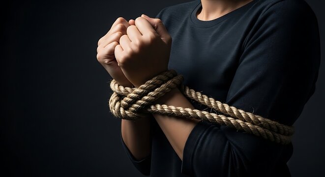 Bound Hands: Captive Woman with Rope Against Dark Background