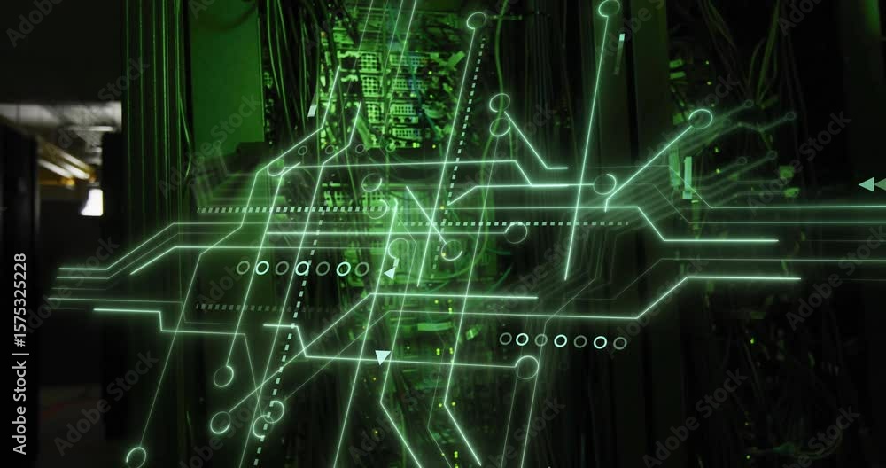 Poster blinking server rack leds starting green circuit overlay tracing data flows and showing throughput