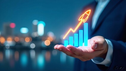 Hand holding tablet displaying a financial growth graph, symbolizing market success and investment progress
