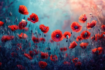 Obraz premium Vibrant red poppies bloom in a summer field, symbolizing remembrance and honoring sacrifice, Red poppies in the summer field, remembrance day symbol