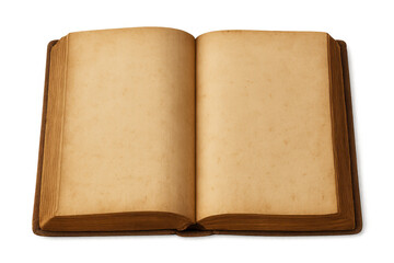 Naklejka premium Open antique book with blank pages isolated on transparent background, showing aged paper and offering copy space