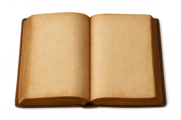 Open antique book with blank pages isolated on transparent background, showing aged paper and offering copy space