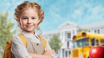 Happy elementary school girl with yellow school bus and school building in background, back to school concept