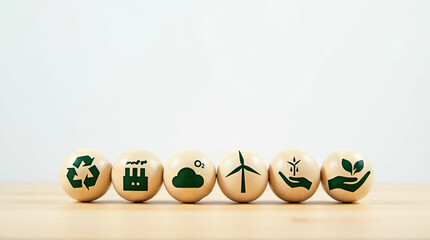 Eco-Friendly and Sustainability Icons on Wooden Balls