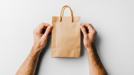 A brown paper shopping bag held by hands.