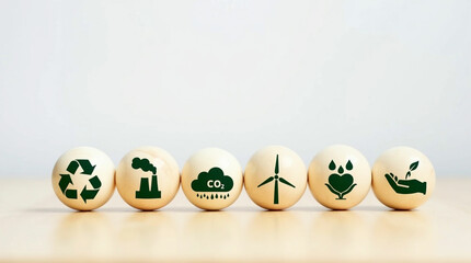 Eco-Friendly and Sustainability Icons on Wooden Balls