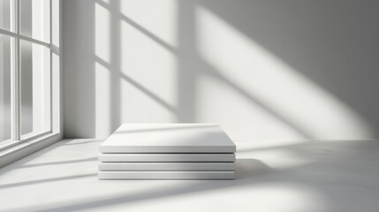 White minimalist platform display with natural light.