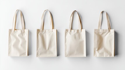 Four natural canvas tote bags on a white background.