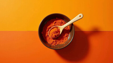 Turmeric or Chili Powder in a Bowl with a Wooden Spoon