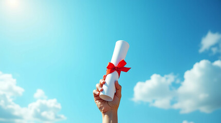 Hand Holding a Diploma Against a Blue Sky