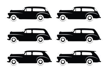 Classic Car Silhouette: A set of six sleek black silhouettes of a vintage station wagon, a timeless symbol of classic car design.