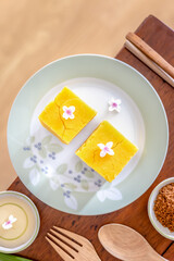 A close-up of Sweet mung bean paste on the wooden table.
