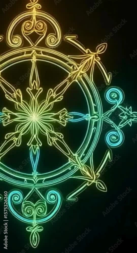 Poster glowing neon mandala design with intricate details featuring a circular pattern floral elements and 
