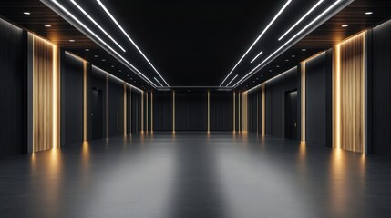 Modern, empty hall with dark accents