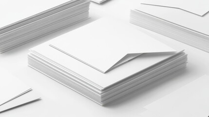 Stacks of blank white paper and envelopes.