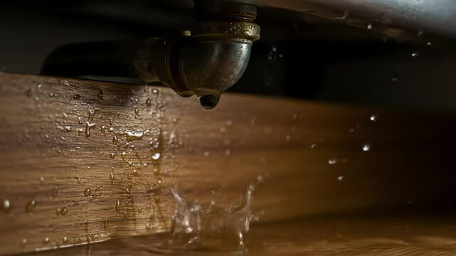 Leaky Pipe: Water Droplets Falling and Splashing on Wood Surface - Close Up.
