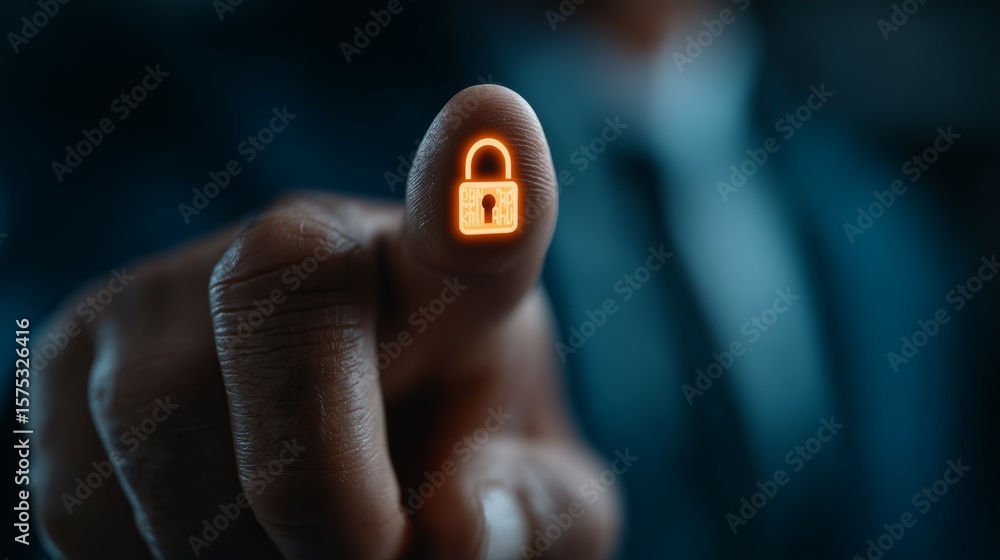 Poster finger pointing at fingerprint with digital lock icon representing security concept