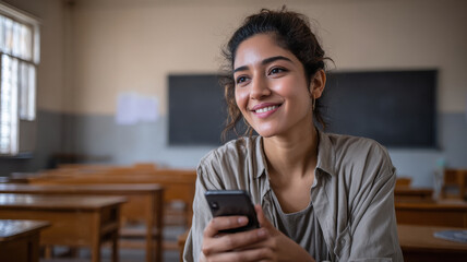 young indian beautiful girl sits in class room holding smart phone