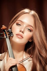 Beautiful Young Woman Holding Violin with Soft Makeup and Elegant Style in a Warm Background