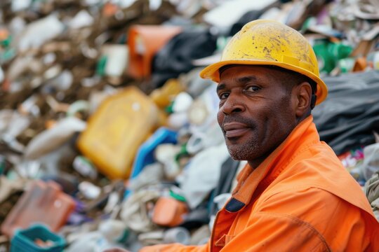 Portrait of a smiling worker in a hard hat at a scrapyard. Industrial and recycling concept. Close up of construction worker or garbage collector wearing safety helmet and looking at camera. AIG51.