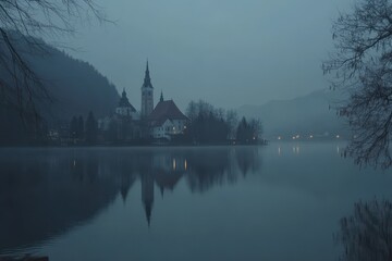 Fototapeta premium Timelapse of Bled Lake at dawn showing serene reflections and misty hills, Timelapse of Bled lake at dawn