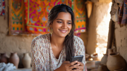 young indian rural girl sitting using smart phone