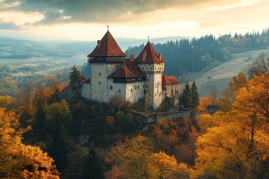 Medieval castle surrounded by vibrant autumn foliage against a dramatic sky, Medieval castle in autumn landscape nature  Photo