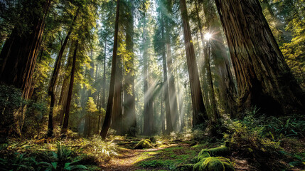 Obraz premium Serene Forest Grove Illuminated by Sun Rays Photography