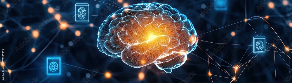 Poster A glowing digital brain connected to a network of nodes and data points, symbolizing artificial intelligence and neural networks, AI pipeline network