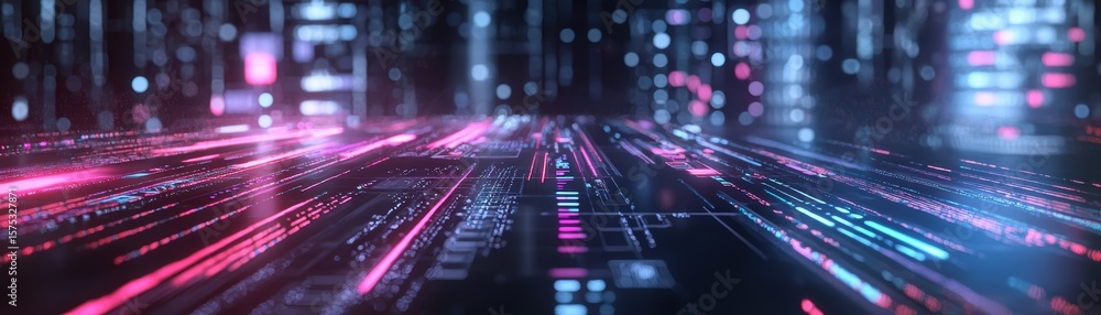 Poster a futuristic digital landscape with neon pink and blue lights resembling a circuit board or data flo