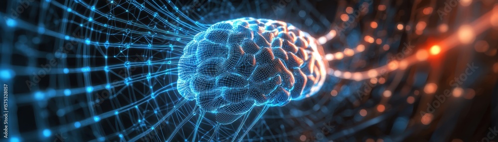 Poster digital illustration of a glowing human brain surrounded by a neural network, symbolizing artificial