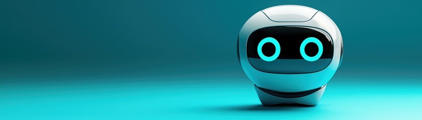 Naklejka premium A sleek, futuristic robot head with glowing blue eyes sits against a teal background, embodying modern AI and technology concepts, AI pipeline network