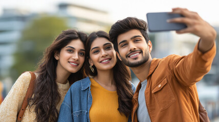 a group of indian boy and girl fronds watching a smart phone