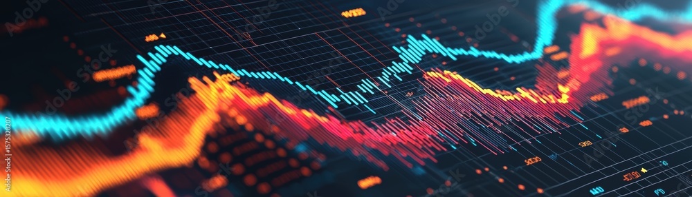 Poster a vibrant digital graph displays fluctuating data trends with colorful lines and points against a da