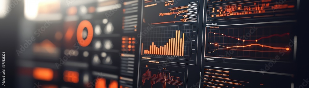 Poster a close-up of multiple digital screens displaying various charts, graphs, and data analytics with or