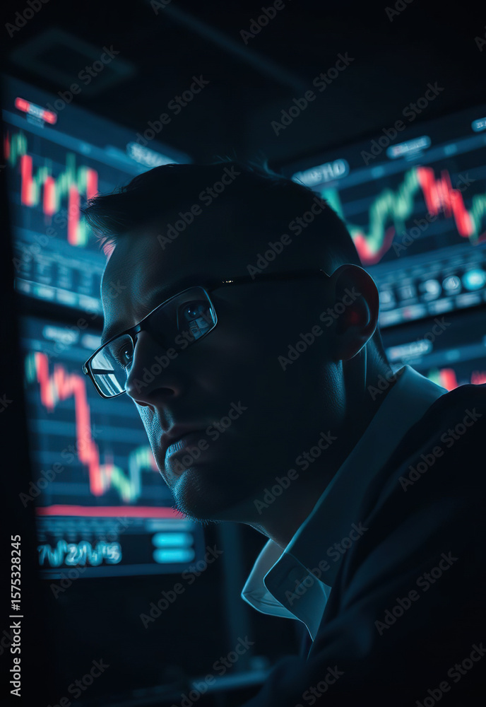 Poster man in glasses focuses intently in dimly lit room with glowing financial charts on multiple screens 